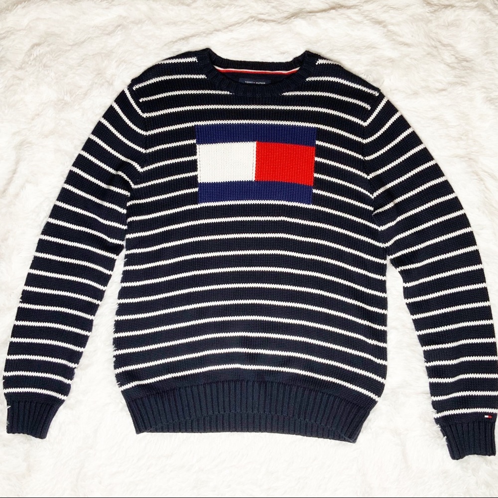 TOMMY HILFIGER STRIPED SWEATER NAVY WHITE CREW NWT